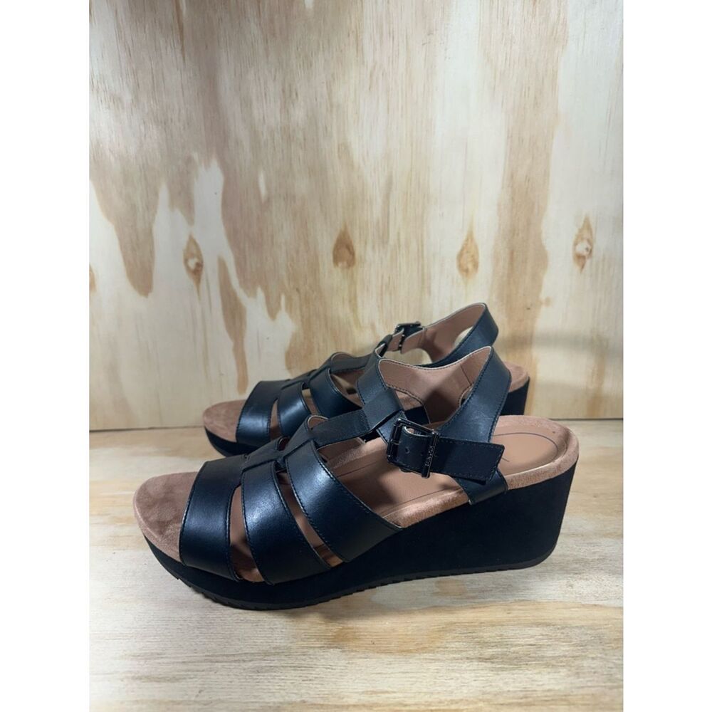 Vionic Tawny Black Leather Platform Wedge Sandals Women’s Size 12